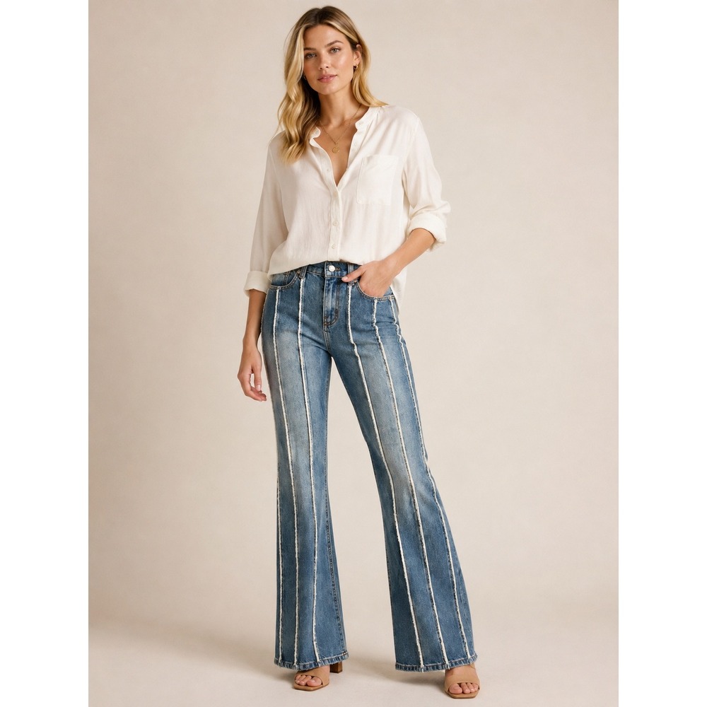 Women's Blue Striped Flare Jeans - Classic Wide Leg